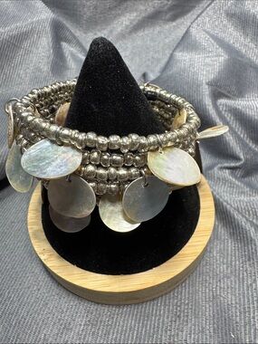 Chico's Silver Beaded Coil Bracelet with Iridescent Shell Discs Modern